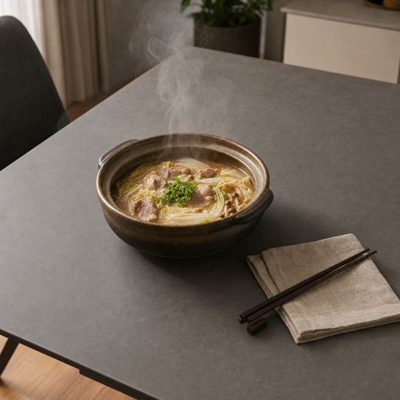 A hot claypot resting directly on the sintered stone tabletop