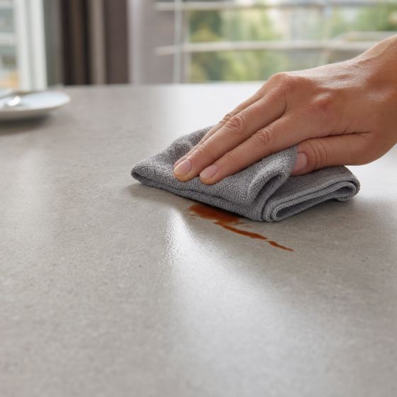 A hand wiping a spill off the sintered stone tabletop with a cloth
