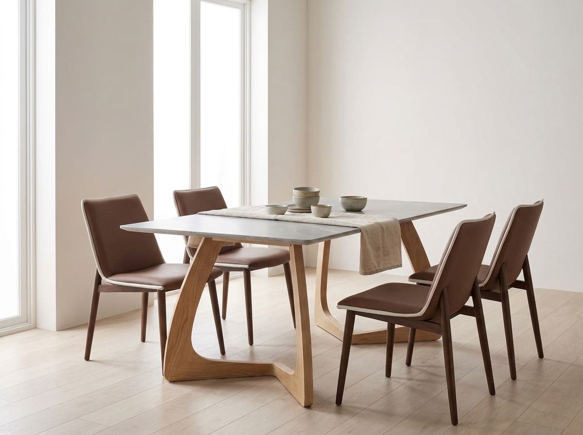 Styled dining set: sintered stone table with four matching dining chairs