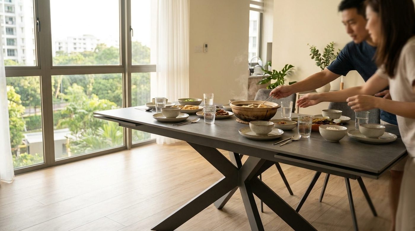 Family gathered around an Arden sintered stone dining table