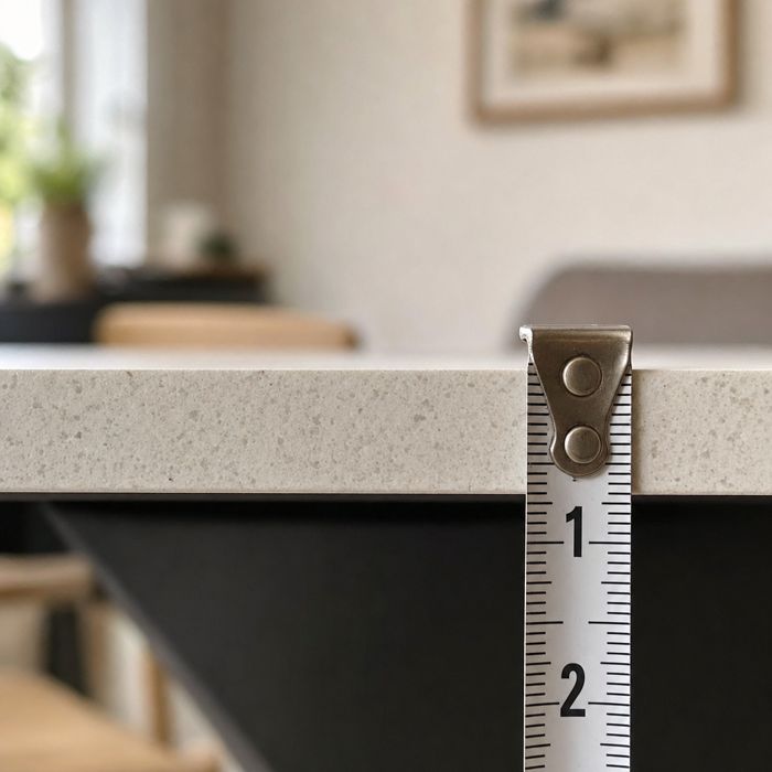 Tape measure against the table edge showing the 11mm slab thickness