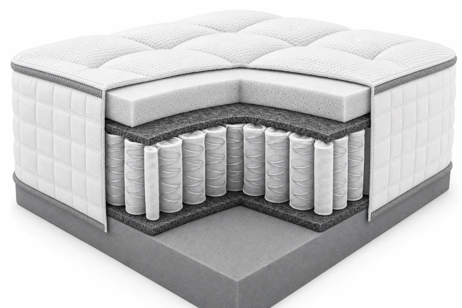 Cross-section of a Musterring mattress showing the quilted fabric cover, comfort foam, felt insulation, individually wrapped pocket spring core and high-density foam base