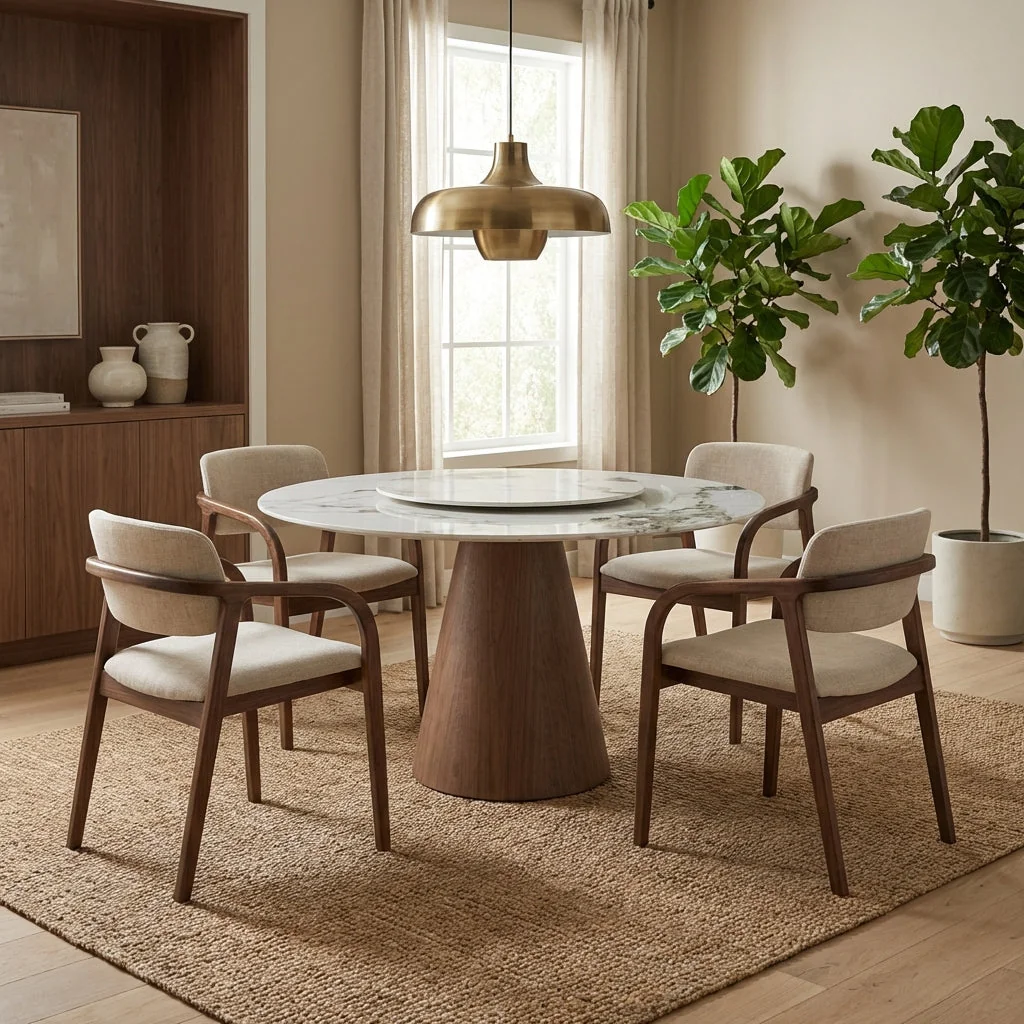 Meja Makan Bulat Batu Sinter Verona dengan Lazy Susan