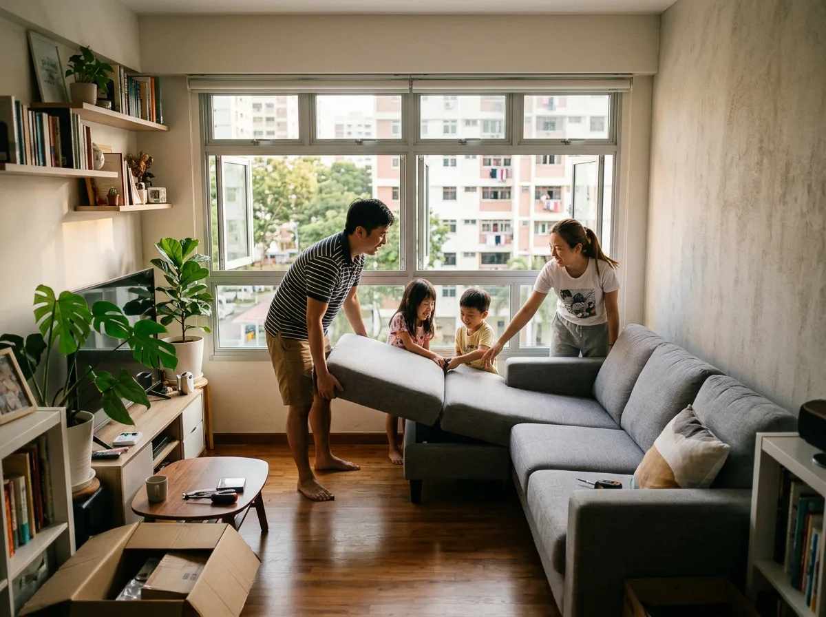 A modular L-shape sofa in a compact HDB living room corner