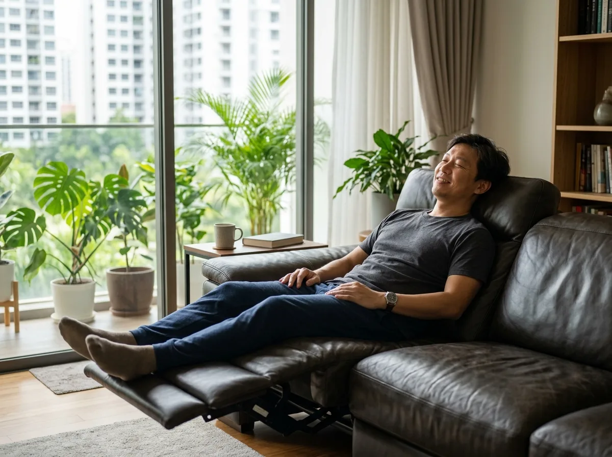 Reclining on a leather recliner with the footrest extended