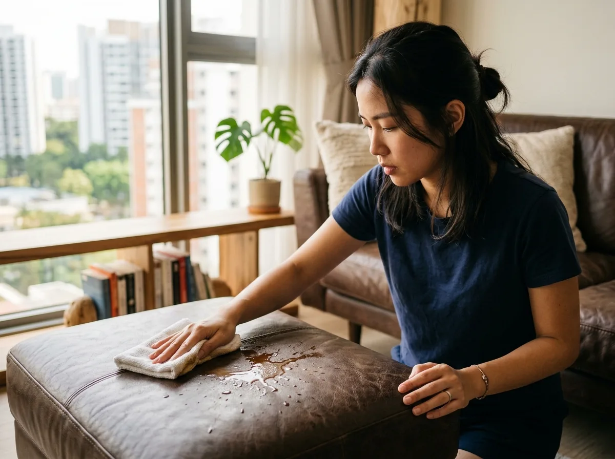 Wiping a coffee spill off a leather sofa cushion