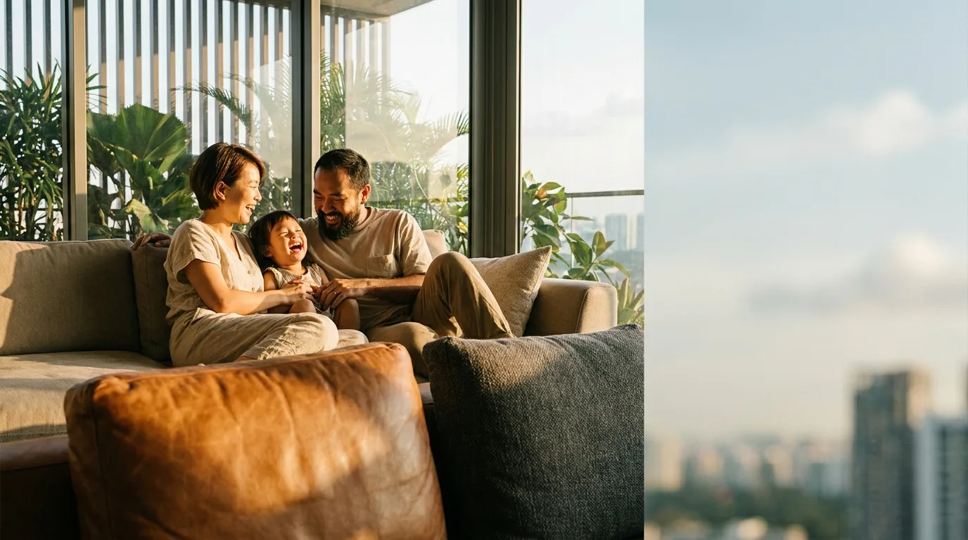 Family relaxing on a sofa with a leather cushion in the foreground and a fabric cushion beside it