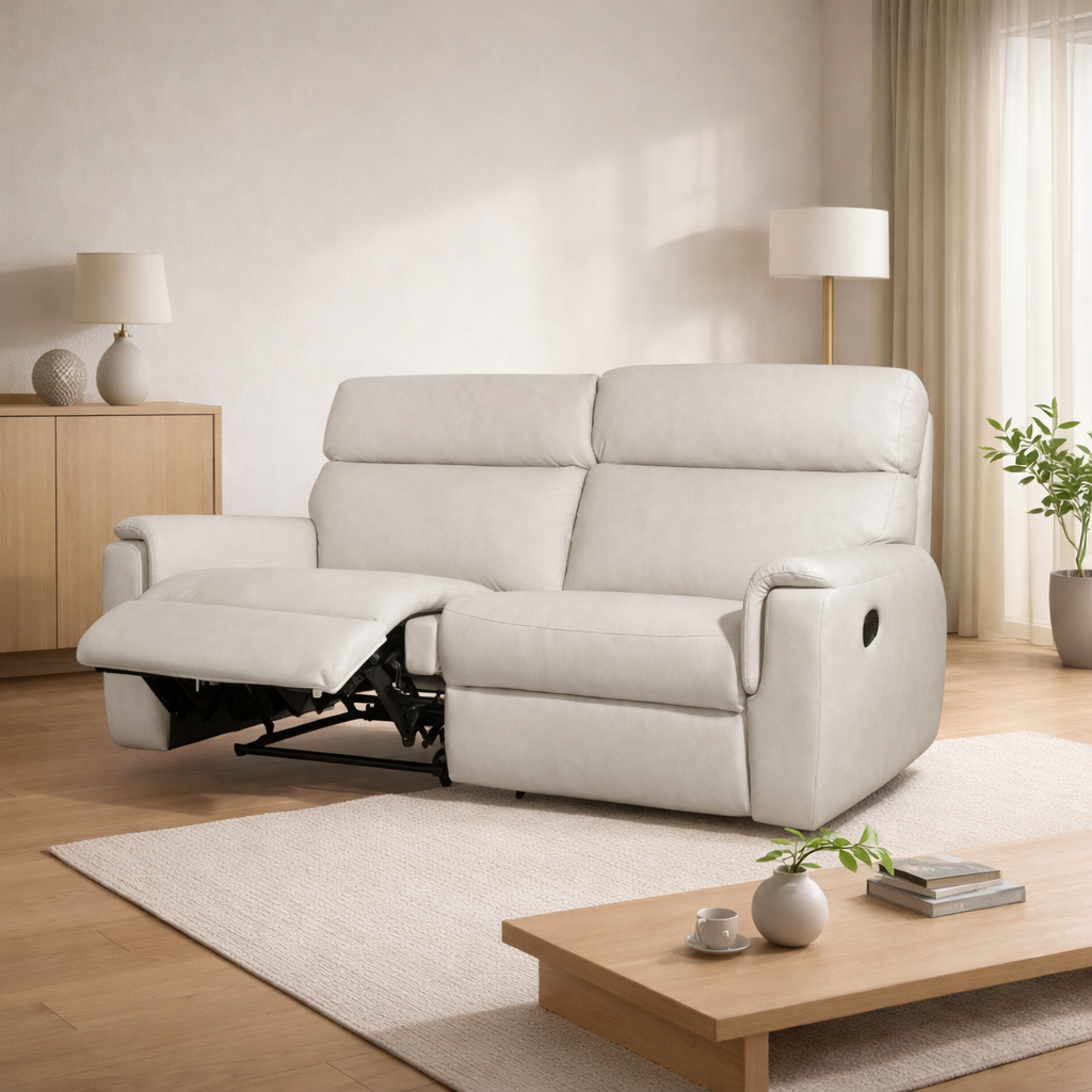 White recliner sofa in a living room setting with a wooden coffee table and decor items.