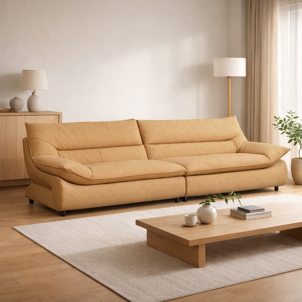Beige sofa in a living room with a wooden coffee table and decor items.