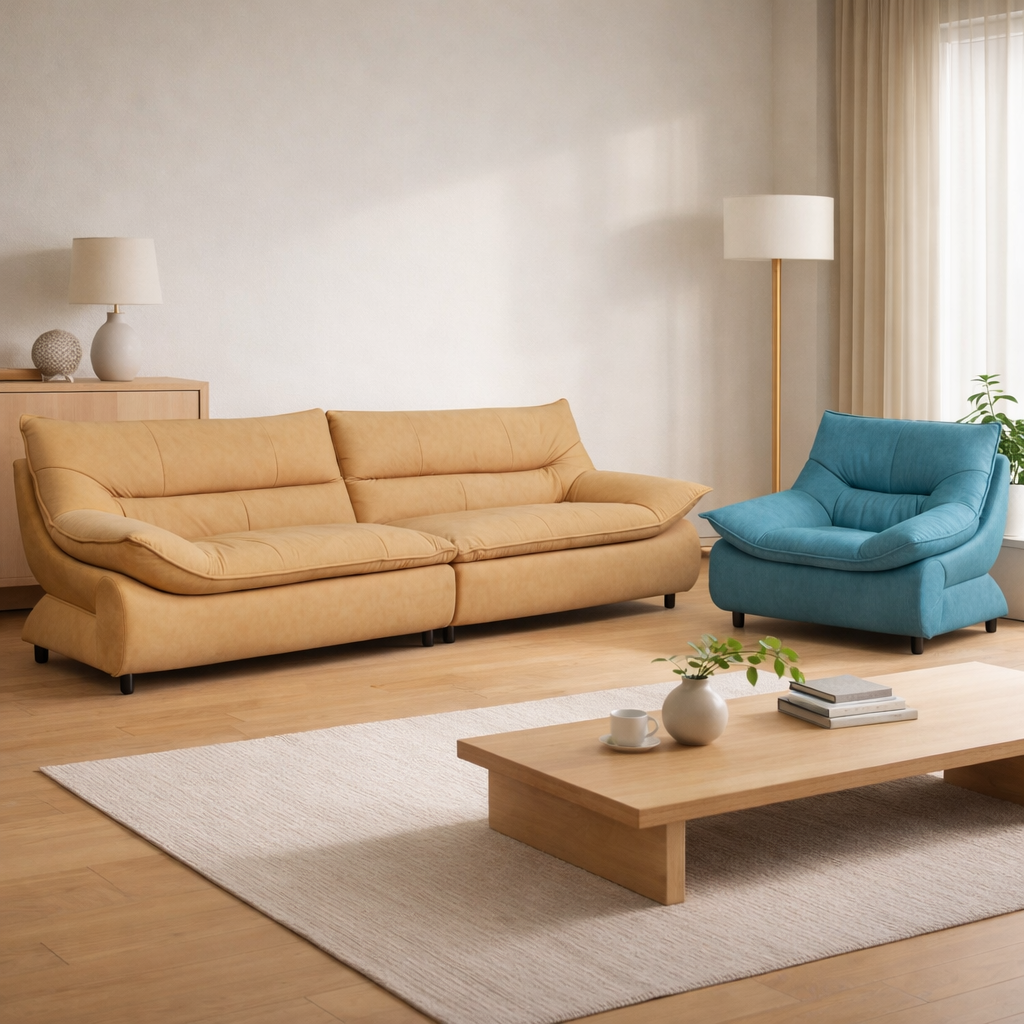 Modern living room with beige sofa, blue armchair, and wooden coffee table.