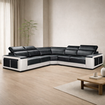Black and white sectional sofa in a modern living room with a wooden coffee table and plant.