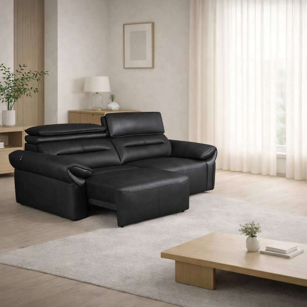 Black leather sectional sofa in a living room setting with a coffee table and decor.