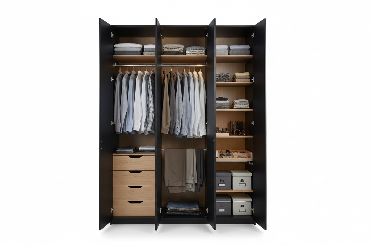modern wardrobe , maybe black colour, with multiple compartments and storage, maybe 3 doors, 1closed, 2 open