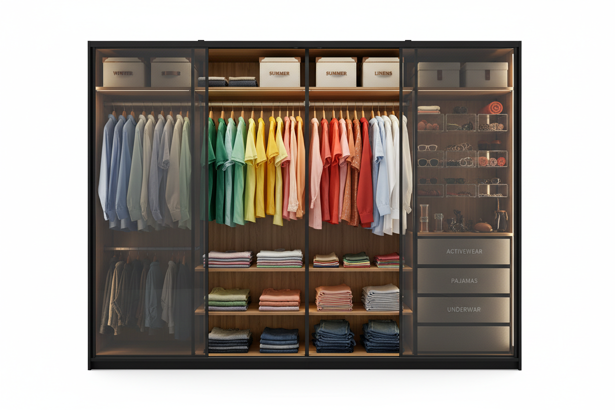 must be a modern wardrobe with clothes all hanging and some storage 