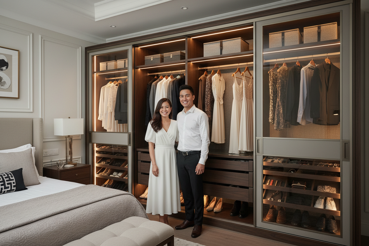 young asean couple outside a sliding door wardrobe, luxury, many storage compartments